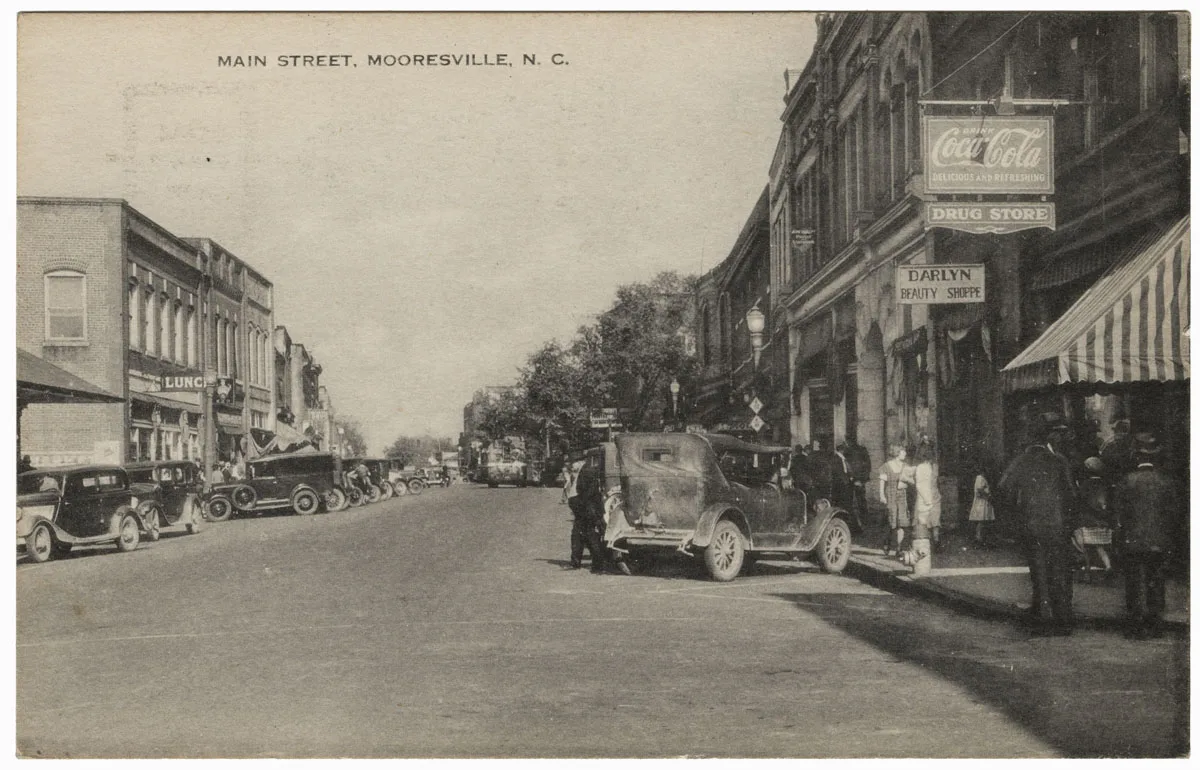 Main Street in downtown Mooresville, where A Classic Christmas is held, on a vintage postcard