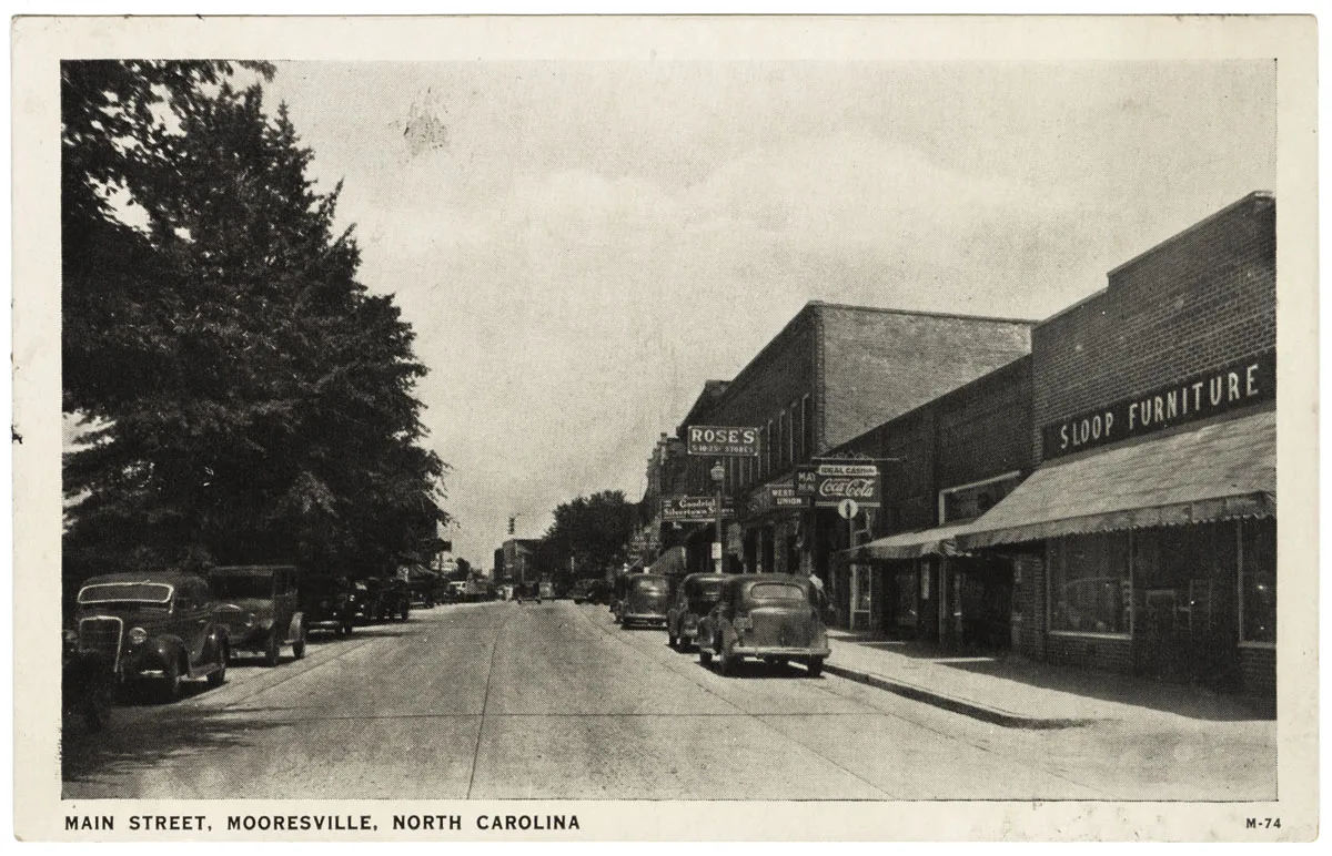 Main Street in downtown Mooresville, where the festival's food trucks line up, on a vintage postcard