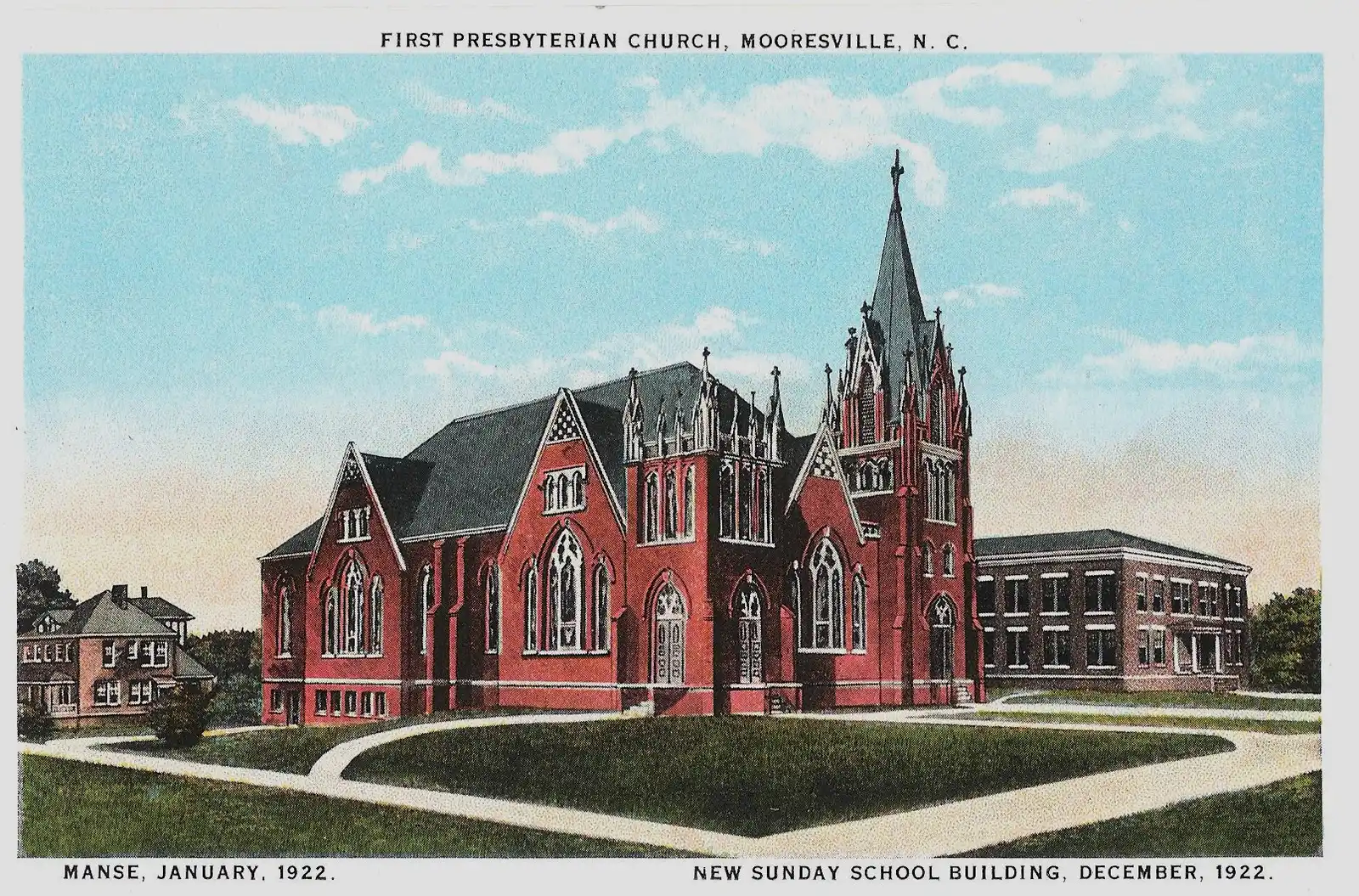 First Presbyterian Church and its new Sunday school building in downtown Mooresville on a 1922 postcard