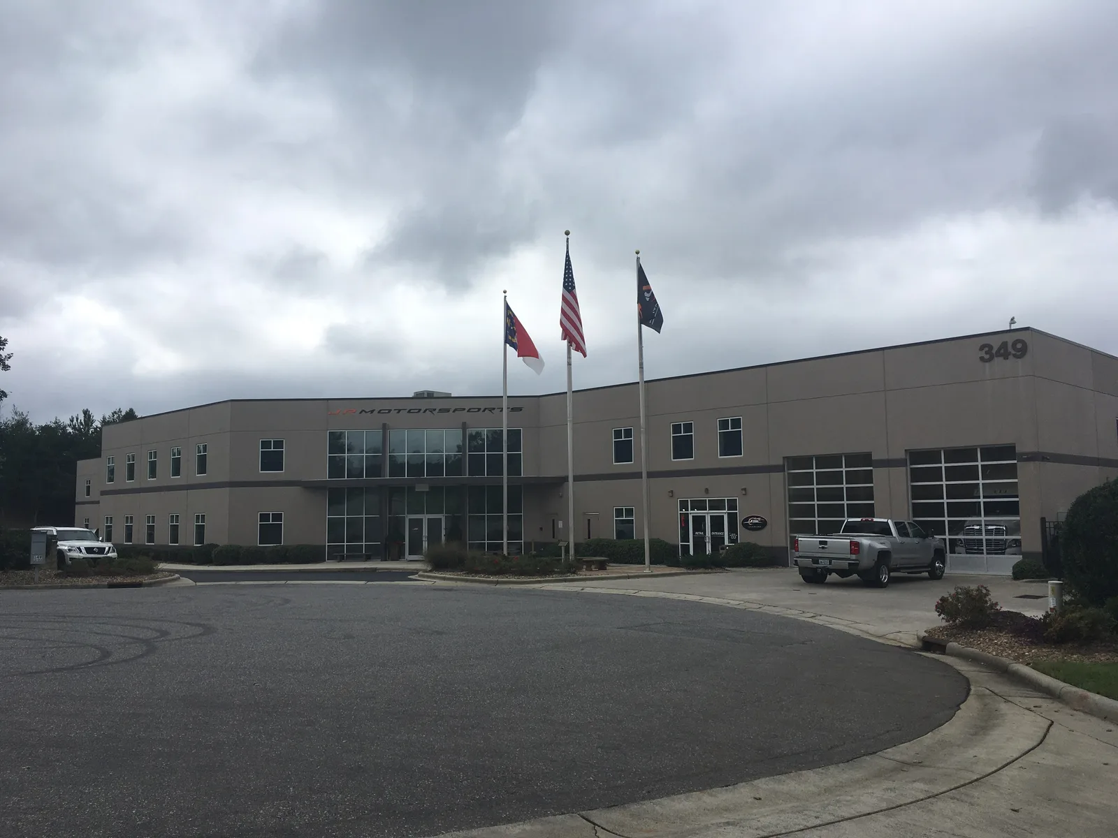 The entrance to the JR Motorsports race shop in Mooresville