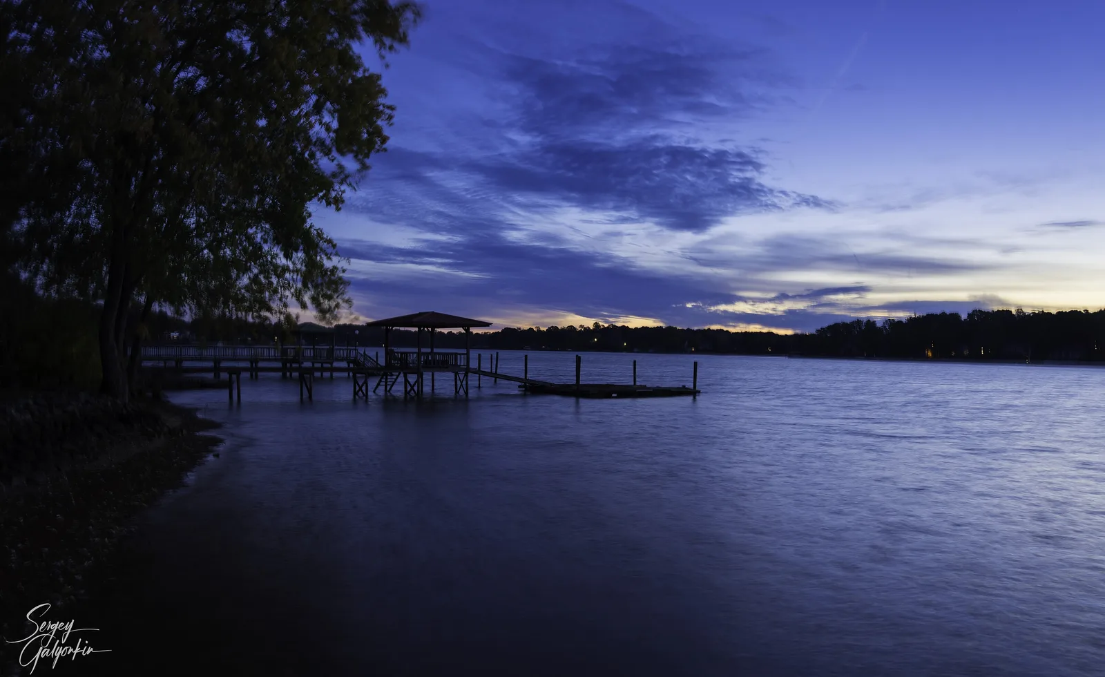 Boat docks on Lake Norman at dusk