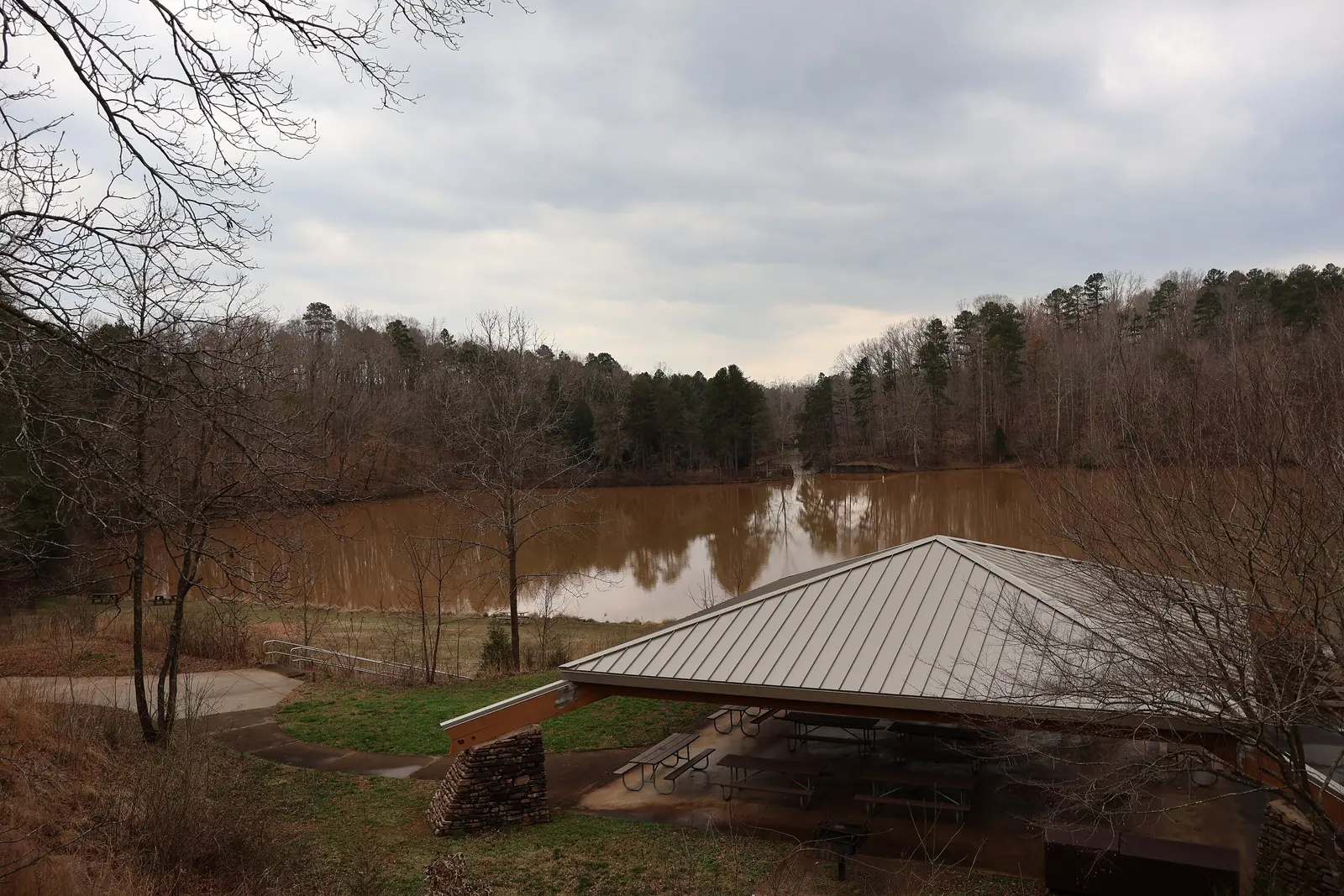 A picnic shelter beside a cove at Lake Norman State Park in Iredell County
