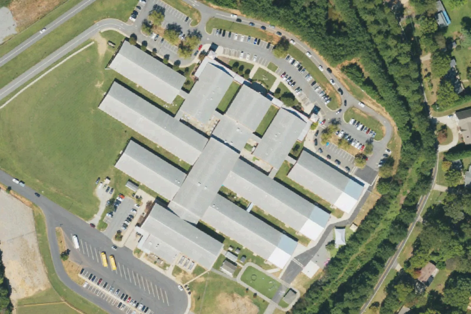 The Lakeshore school buildings off Lakeshore School Road in Mooresville, home to Lakeshore Elementary and Lakeshore Middle, seen from the air