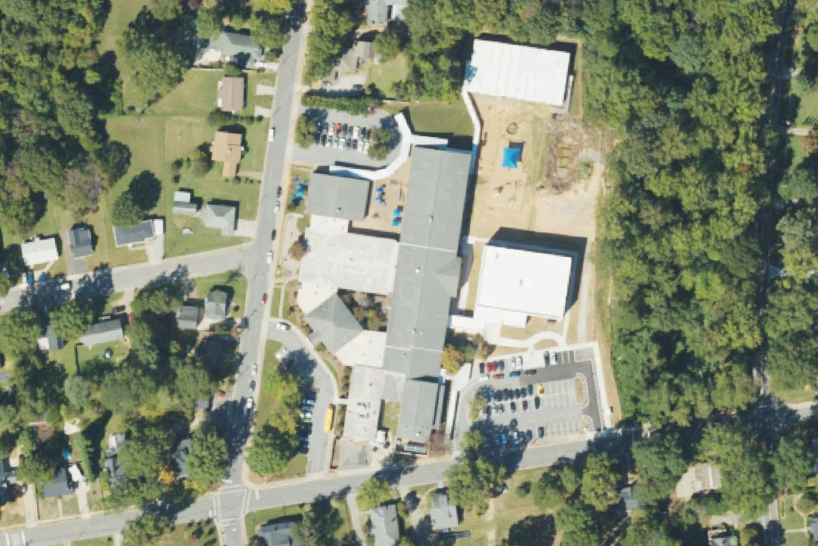 Park View Elementary School's buildings and playground on West McNeely Avenue in Mooresville, seen from the air